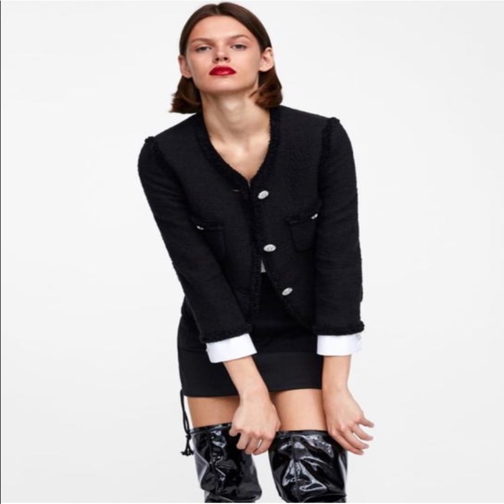 Zara Black Tweed jacket with aremovable cuffs sz L